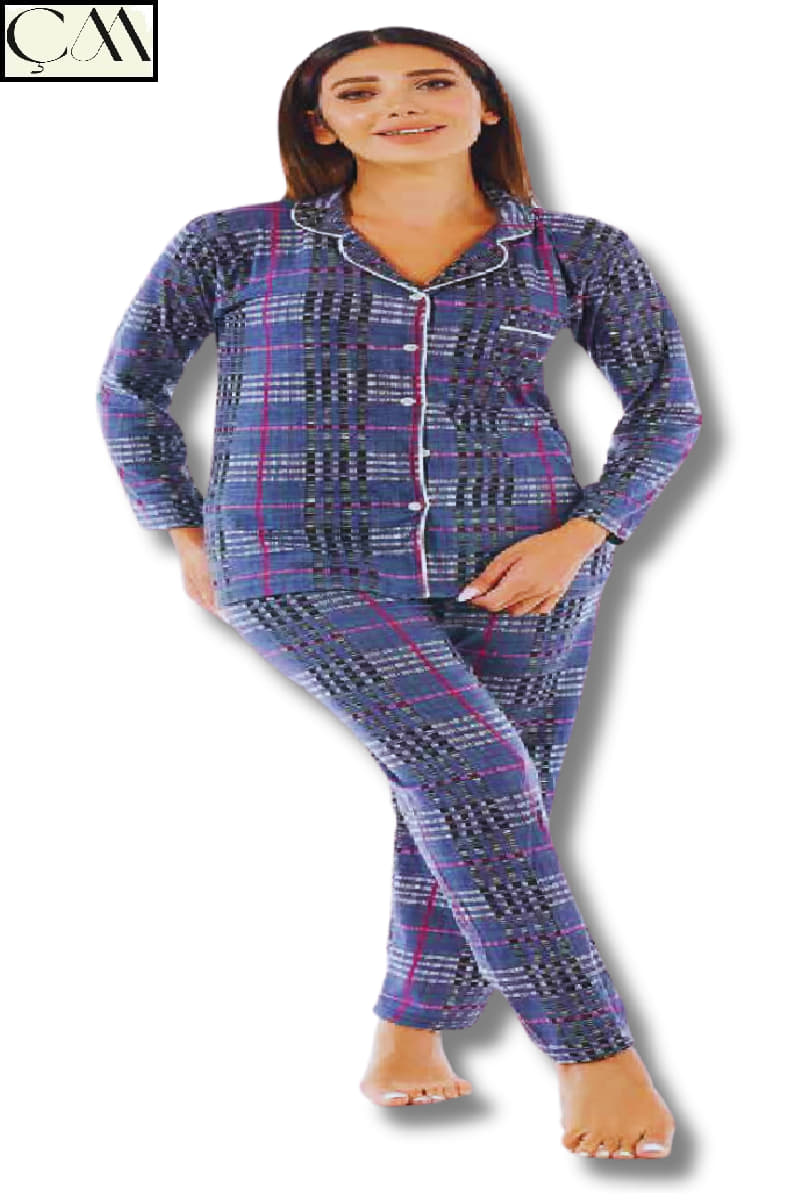 Estiva Bayan Süet Kumaş Önden Düğmeli Pijama Takım