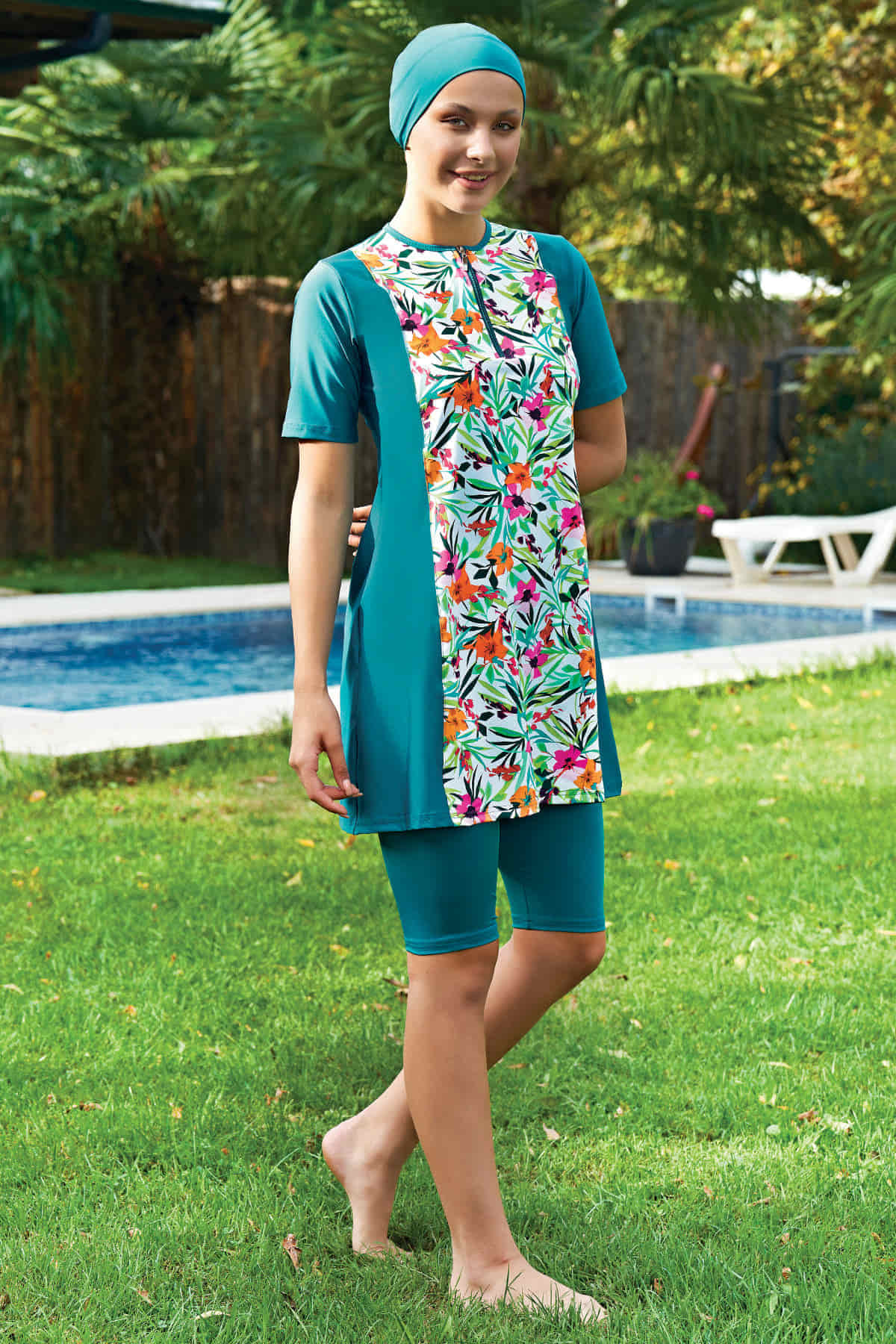 Ruko Yarım Kol Tesettür Mayo Likra Parçalı Desenli Yarım Kol Tesettür Mayo