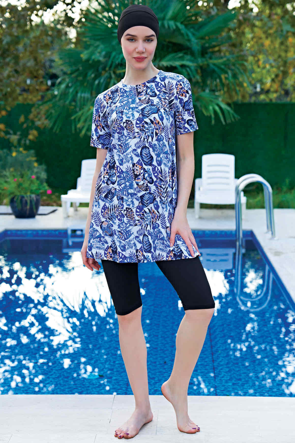 Mirates Büyük Beden Desenli Yarım Kol Micro (Çabuk Kuruyan) Kumaş Yarı Tesettür Mayo Yarım Kol Tesettür Mayo