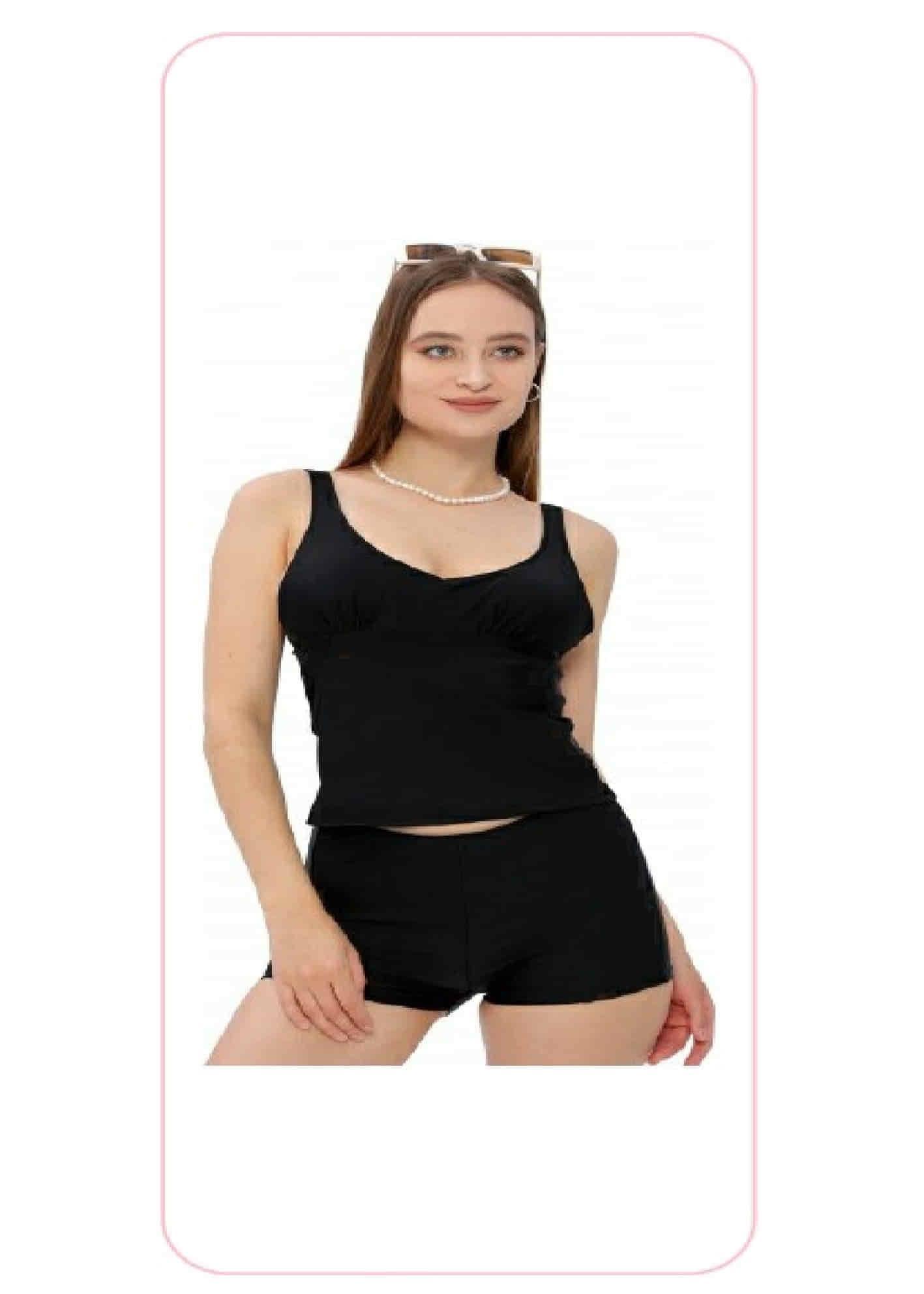 Argisa Düz Siyah Full Likra (Su İtiçi Ve Çabuk Kuruyan) Kumaş Şortlu Tankini