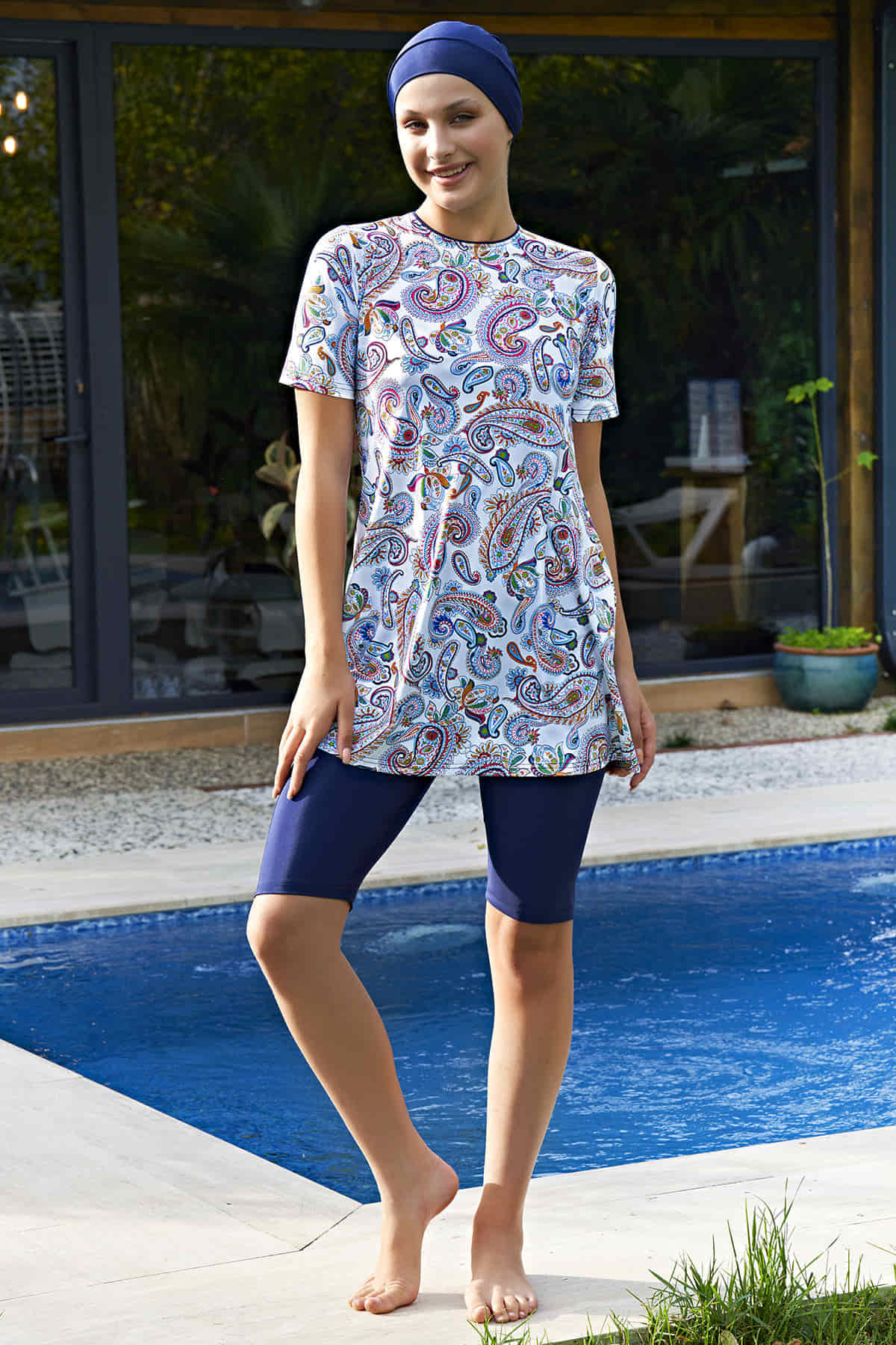 Ruko Yarım Kol Tesettür Mayo Likra Desenli