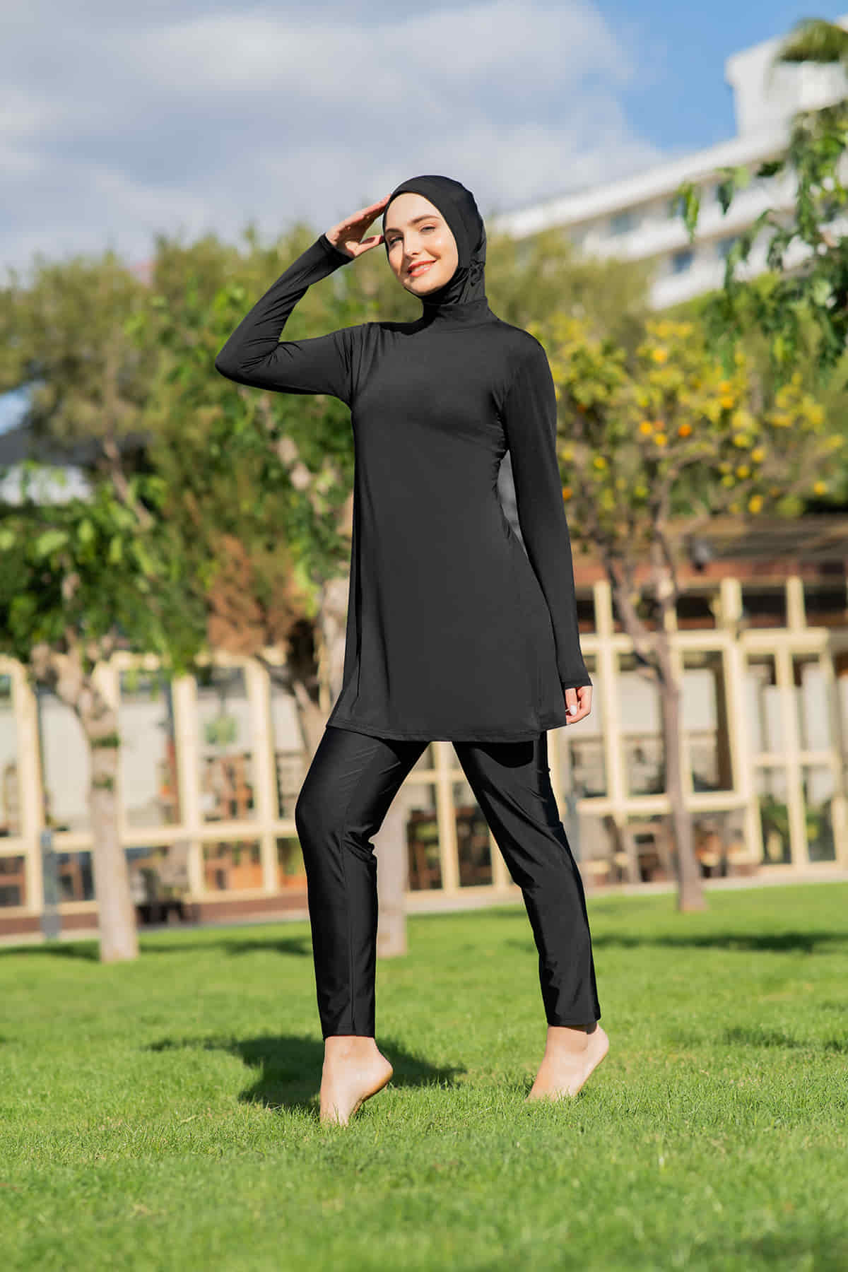 Mirates Düz Siyah Renk Micro(Çabuk Kuruyan)Kumaş Balıkçı Yaka Tam Tesettür Mayo